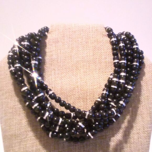 Jay Feinberg Vintage Black Chunky Multi Strand Beaded Statement Necklace - Picture 1 of 6